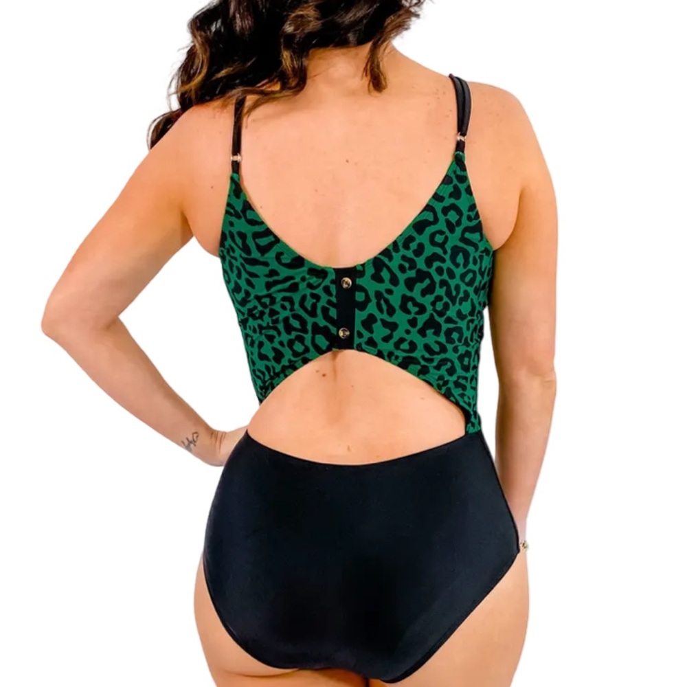 Coral Reef Green/Black Leopard Open Back One Piece Swimsuit - Picture 3 of 7